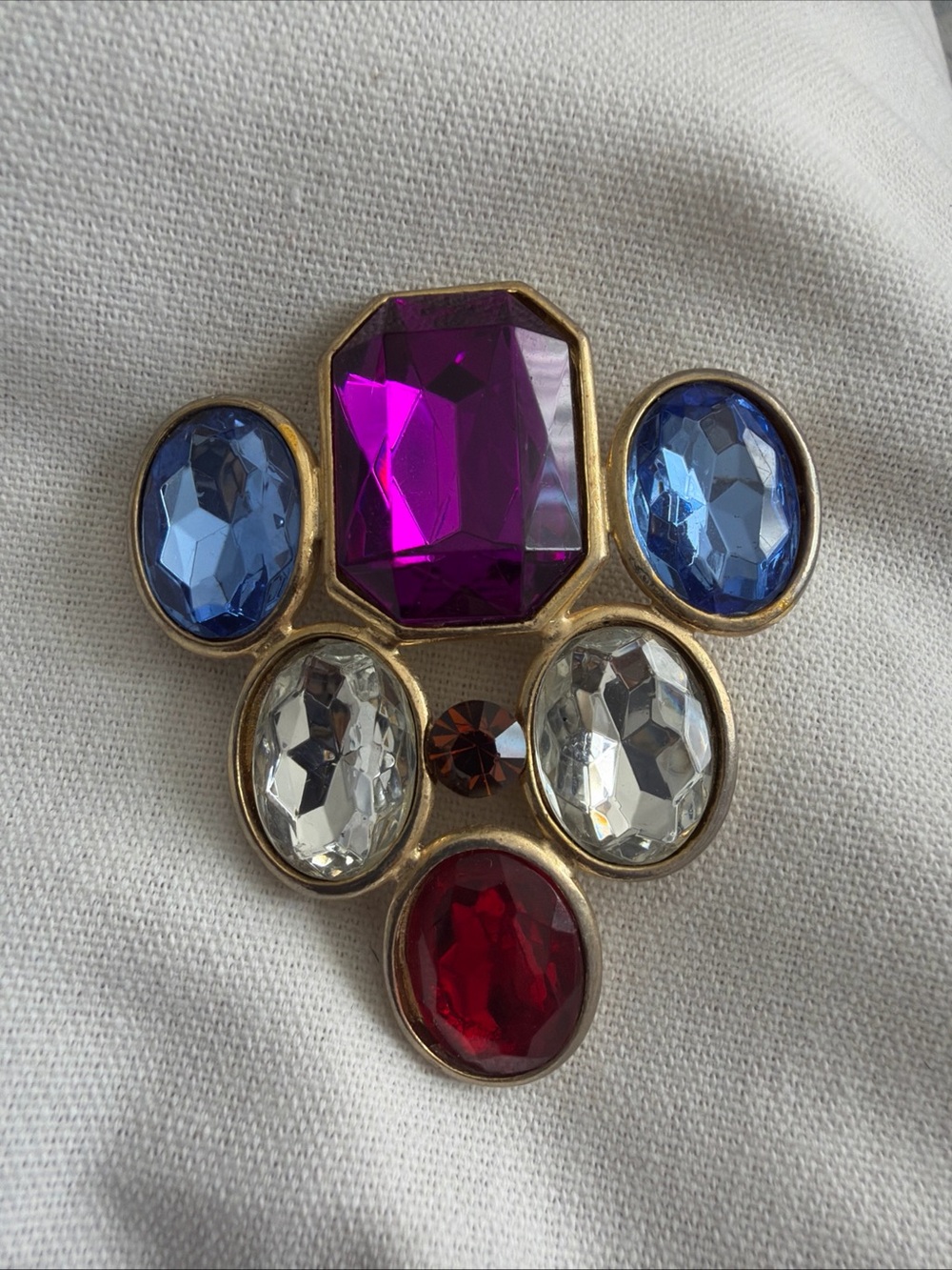 Multicolor Gemstone Cluster Brooch - Purple, Blue, Red, Clear